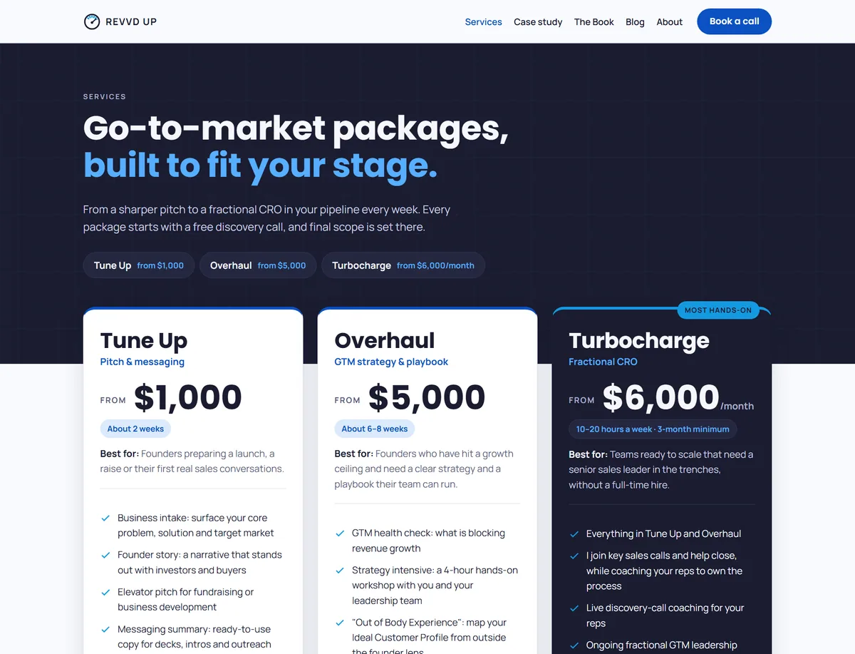The Services page on the new site showing the Tune Up, Overhaul, and Turbocharge packages with starting prices and timelines