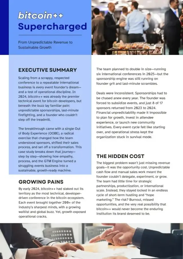 First page of the bitcoin++ Supercharged case study: From Unpredictable Revenue to Sustainable Growth